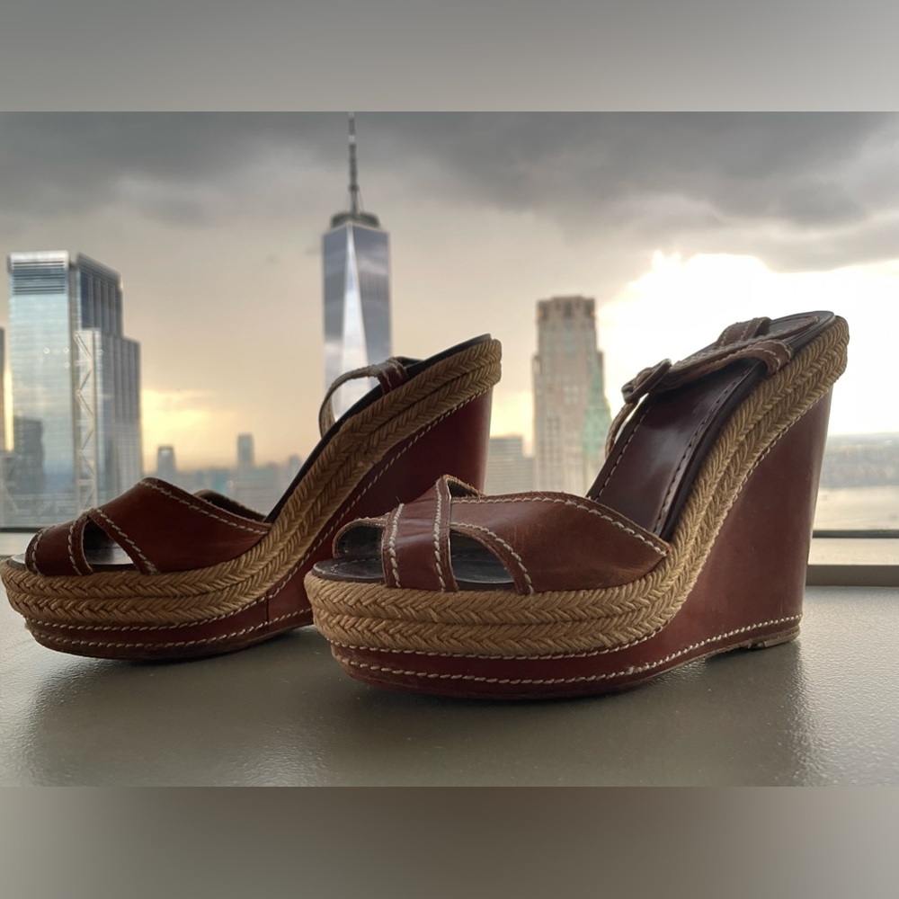 Christian Louboutin Brown Pig Stitching Wedge Sandal 4.5”